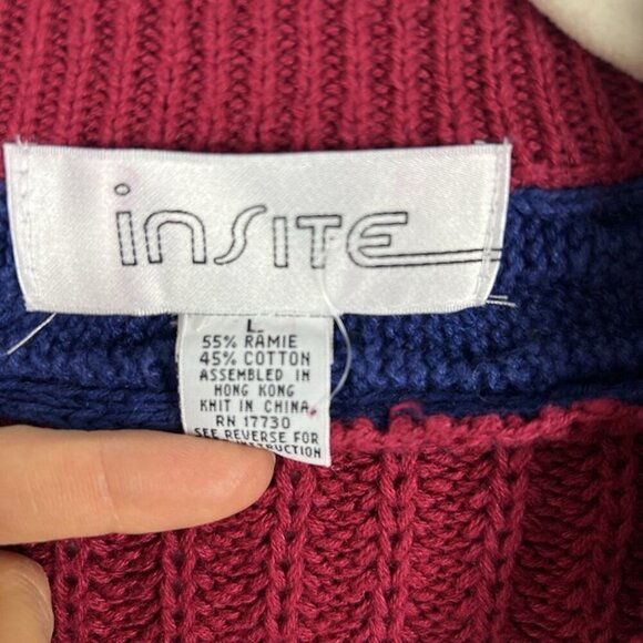 VTG Insite Chunky Knit Sweater Mens L Red Tennis Striped V Neck Preppy Academia - Picture 4 of 7